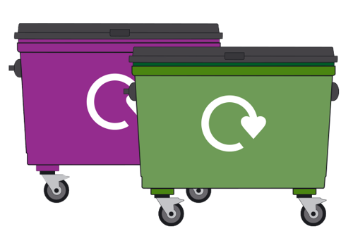 Purple and green trade waste bins